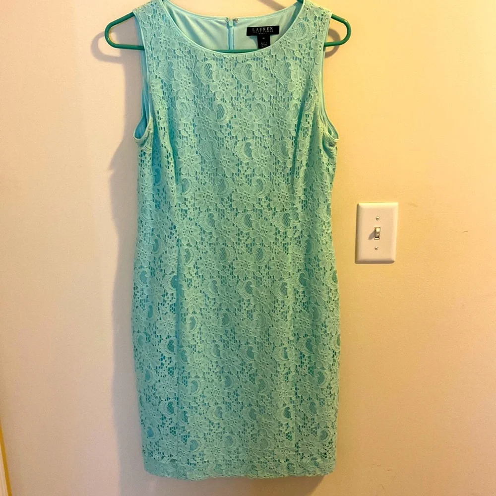 Lauren Ralph Lauren blue-green lace overlay sheath dress size 10 GUC - Picture 1 of 5